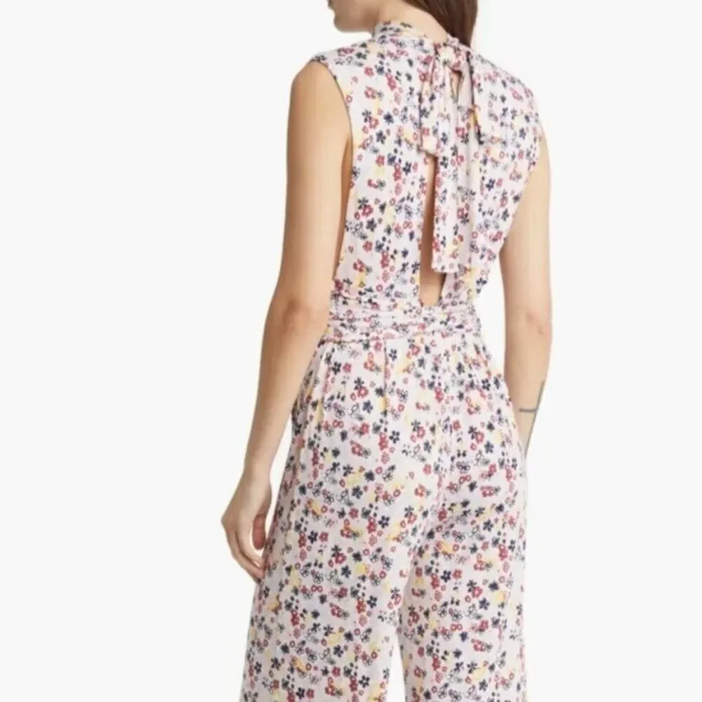 Free People Vibe Check Tie Waist Jumpsuit Tea Ditsy Print Size Medium